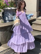 纯欲风V领紫色吊带连衣裙女夏季2023海边度假沙滩裙气质蛋糕长裙