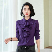 2022秋冬装休闲女衬衫，长袖韩版职业装白领，工装米白色修身紫色