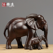 黑檀木雕大象摆件实木雕刻母子象家居客厅电视柜装饰红木工艺品