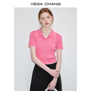 vegachang粉色针织衫，女2024年夏季甜美气质减龄polo领开衫