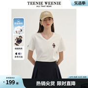 TeenieWeenie小熊2024年棉质V领白色短袖T恤ins风短款宽松上衣女