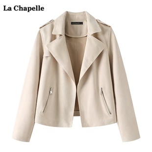 拉夏贝尔lachapelle复古麂皮绒短款外套女秋季翻领机车夹克上衣