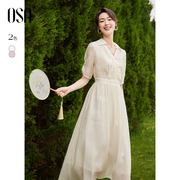 OSA欧莎新中式国风盘扣v领连衣裙女夏季薄款气质显瘦收腰雪纺裙子