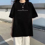 黑色纯棉短袖t恤女夏季学生韩版宽松中长款字母印花半袖上衣