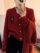 欧洲站2024小熊图案圆领针织开衫女时尚减龄红色开衫毛衣