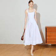 carolingian经典设计!太美啦法式气质，进口混纺料白色连衣裙长裙