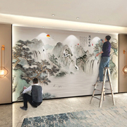 新中式壁画电视背景墙壁纸客厅沙发墙山水墙布迎客松墙纸流水生财