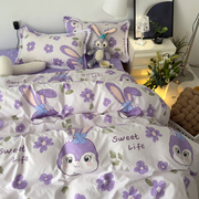 韩系ins少女心紫色可爱长耳兔子波点床单被套1.8双人三四件套宿舍
