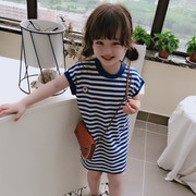 女童纯棉海军风圆领连衣裙，2024夏季儿童洋气条纹，直筒裙子宝宝