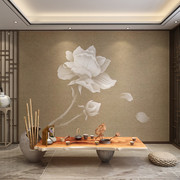 新中式电视背景墙壁纸素雅白莲花茶馆壁布客厅沙发墙纸5d立体壁画