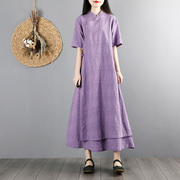 中国风改良旗袍连衣裙，2021夏季民族风大码长款短袖，棉麻连衣裙
