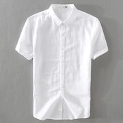 小清新白色短袖亚麻衬衫男士薄款休闲修身商务翻领棉麻料衬衣夏季