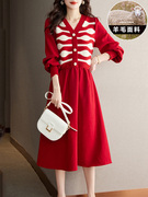 羊毛长袖红色针织连衣裙，子女2023秋冬大码宽松假两件毛衣长裙