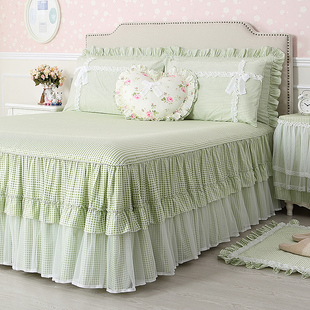 巧致全棉带裙边床单单件，床裙蕾丝花边绿色，纯棉床罩三件套床盖公主