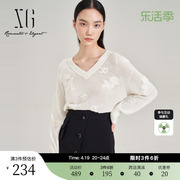 xg雪歌镂空设计长袖毛针织衫，2023秋季米白色宽松套头羊毛衫女