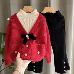 女童毛衣套装冬装2023网红时髦假两件针织衫儿童一体绒裤子潮