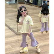 韩版女童套装24夏季可爱卡通短袖T恤女宝宝时髦坑条喇叭裤两件套