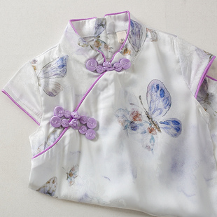淡雅紫色高端国风短袖，唐装宝宝复古连衣，裙子女童旗袍2024夏季