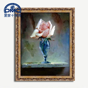 法国dmc十字绣，精准印花专卖客厅古典油画，蓝酒杯中的红玫瑰