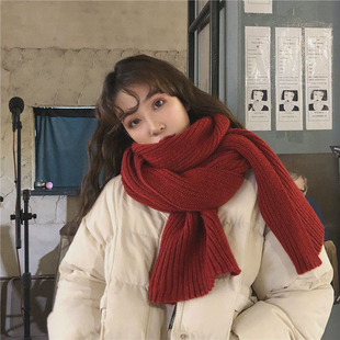 气质酒红色毛线围巾女冬季韩版百搭学生长款纯色加厚保暖针织围脖