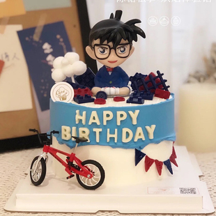 生日蛋糕装饰品侦探眼镜男孩摇头公仔自行车摆件儿童网红生日装扮