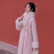 Sayincan新中式毛领粉红色毛呢外套女2024春季长款小香风呢子大衣
