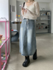 exclusivetype韩版chic复古水洗，做旧高腰后开叉设计牛仔半身长裙