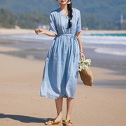 原创棉麻文艺范女装(范女装，)宽松七分袖显瘦高端夏季气质苎麻连衣裙