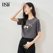 OSA欧莎复古灰色熊猫印花圆领T恤女夏季宽松显瘦减龄短袖上衣