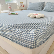 日式蓝色格子水洗棉床笠，单件夏季薄款床罩床垫，保护套防尘非全纯棉