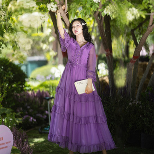 韵紫阑珊夏季高级感紫色连衣裙女V领荷叶袖蛋糕裙收腰雪纺裙