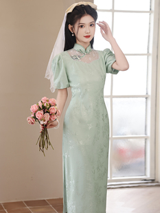 新中式国风绿色蕾丝提花旗袍2024春夏，复古千金风泡泡袖连衣裙洋装