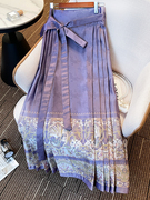 新中式轻国风紫色半身裙2024春季复古中长款禅意系带百褶裙马面裙