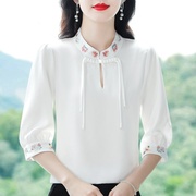 新中式真丝衬衫七分袖，女装夏季洋气小衫国风刺绣，桑蚕丝上衣潮