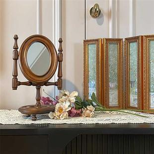 画玩美法式复古镜子女生卧室中古桌面木质化妆镜实木台式梳妆