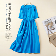 民族风棉麻连衣裙女装2023年夏收腰显瘦复古高端蓝色中长裙子