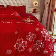 轻奢大红色纯棉结婚四件套高档婚庆，全棉被套床笠新婚陪嫁床上用品