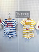 90-140码韩版童装夏男女童，卡通狗黄蓝白拼接条纹短袖，t恤短裤套装