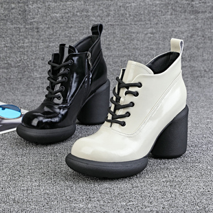 欧洲站2023春秋女鞋系带，拉链高跟真皮女靴，厚底粗跟短靴子时尚