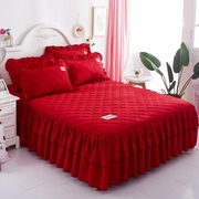 床裙单件大红色婚庆结婚床罩三件套枕套粉玉纯色夹棉床笠1.5m18米