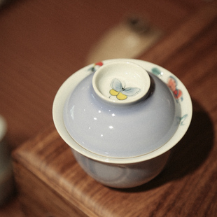 一九茶舍木槿紫君安盖碗，茶杯手绘彩蝶陶瓷，小号家用功夫茶具泡茶