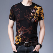中国风夏季时尚潮流花式短袖T恤 个性小鸟植物图案全身印花半袖衫