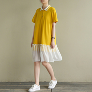 天然出品宽松休闲黄色，针织雪纺拼接短袖连衣裙夏季qa1260