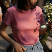 粉绿色圆领短袖T恤女士夏修身基本款内搭打底上衣经典复古体恤衫