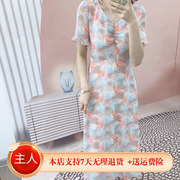 夏季品牌汉派时尚气质雪纺印花短袖中长连衣裙