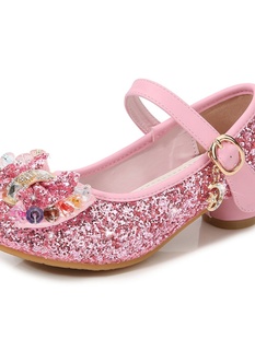 女孩公主鞋高跟粉色，2023春秋季蓝色亮片水晶鞋，软底中大童皮鞋