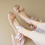 仙女风粉色系带平底单鞋女绑带真皮亮片花朵方头舒适平跟玛丽珍鞋