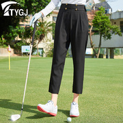 高尔夫球裤子女士高腰直筒哈伦九分长裤，黑色显瘦复古百搭休闲运动