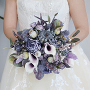 高端结婚庆用品新娘手，捧花花球把束雾霾蓝紫色，手捧花假花家居装饰