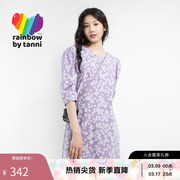 rainbow夏季碎花裙子，紫色修身显瘦中袖女士连衣裙rk11dr914a